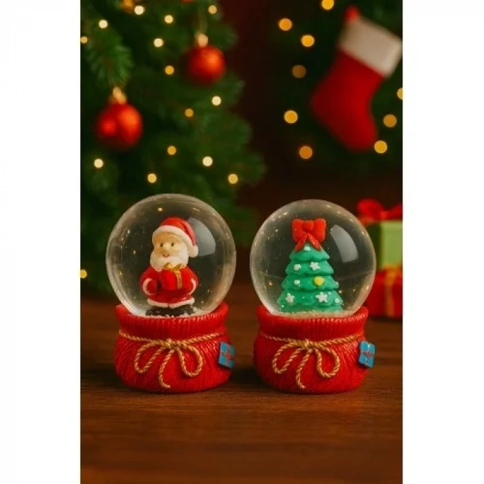 2 Adet Mini Kar Küresi 6,5 cm – Noel Baba & Çam Ağacı Temalı Dekoratif Yılbaşı Biblo