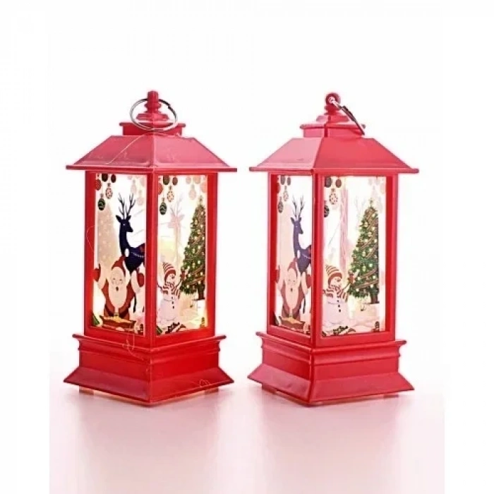 2 Adet Noel Baba Yılbaşı Temalı Led Titreyen Mumlu Mini Fener Asma Kulplu Kırmızı