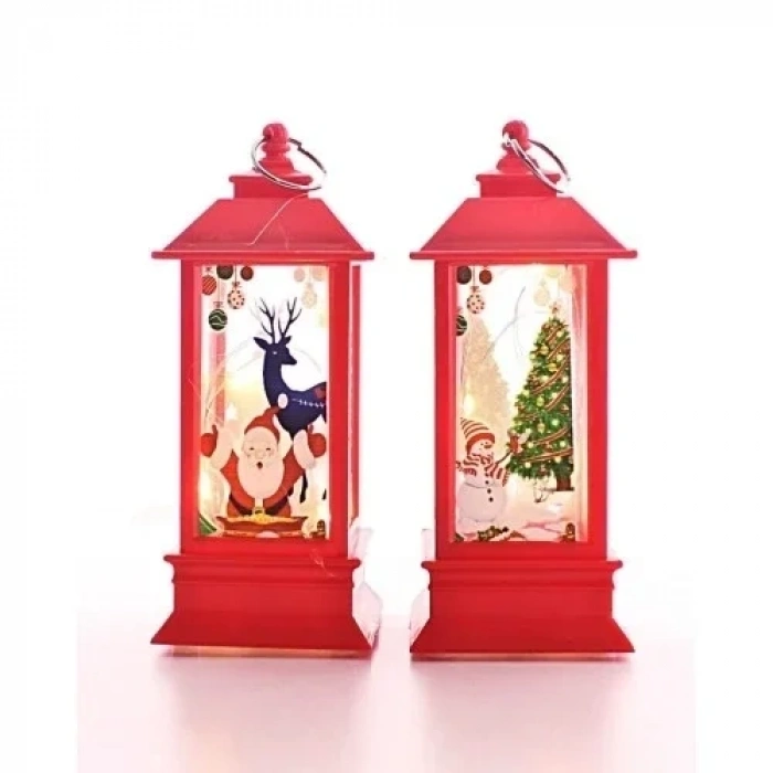 2 Adet Noel Baba Yılbaşı Temalı Led Titreyen Mumlu Mini Fener Asma Kulplu Kırmızı