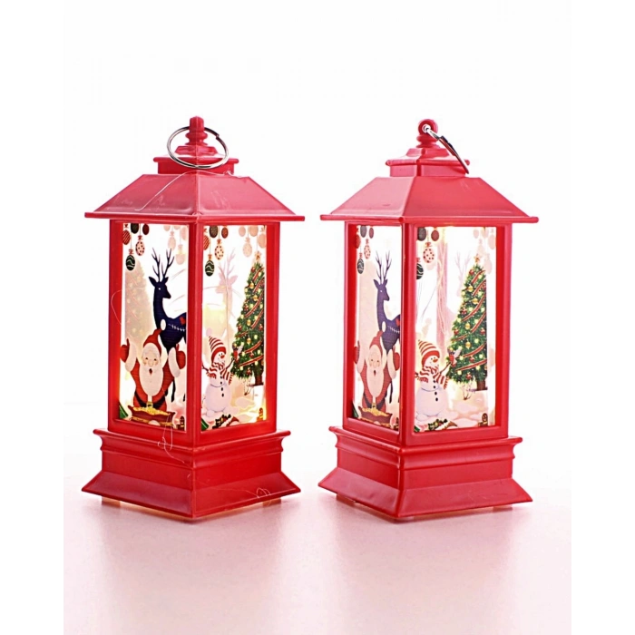 2 Adet Noel Baba Yılbaşı Temalı Led Titreyen Mumlu Mini Fener Asma Kulplu Kırmızı