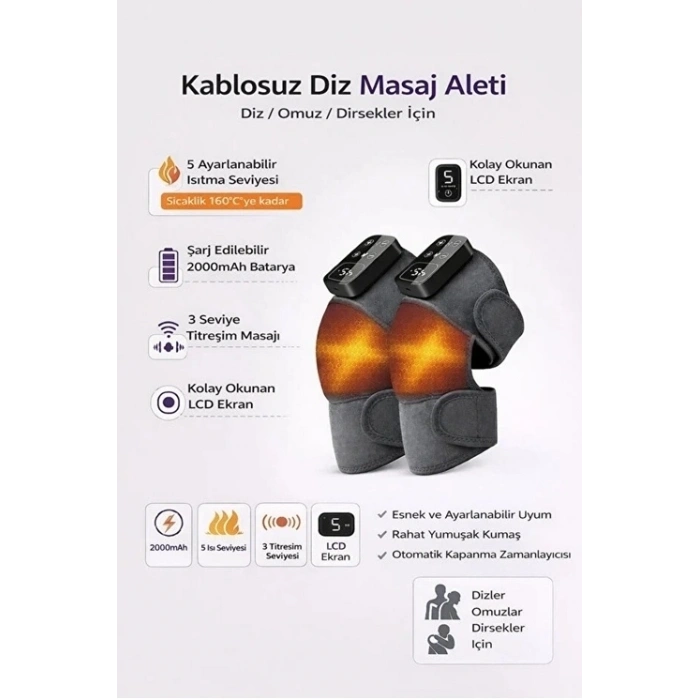 2 Adet Şarjlı Isıtmalı Diz Masaj Aleti – Titreşimli Fizyoterapi Dizlik | Diz Omuz Kol Bacak