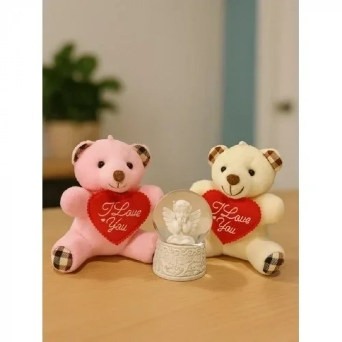 2 Adet Sevimli Mini Peluş Ayıcık ve Mini Melek Kar Küresi Set