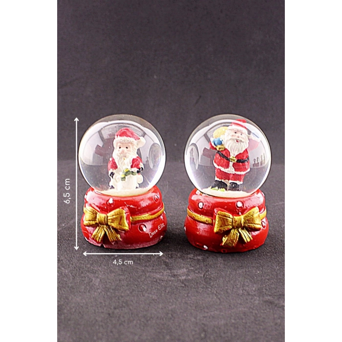 2 Adet Yeni Yıl Noel Baba Temalı Kurdele Detaylı Mini Boy Işıklı Kar Küresi 6,5 cm B