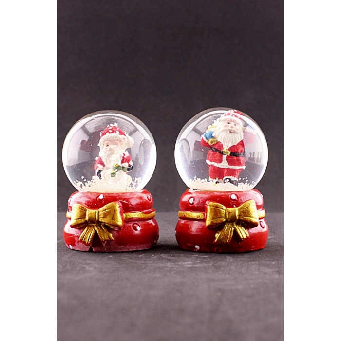 2 Adet Yeni Yıl Noel Baba Temalı Kurdele Detaylı Mini Boy Işıklı Kar Küresi 6,5 cm B