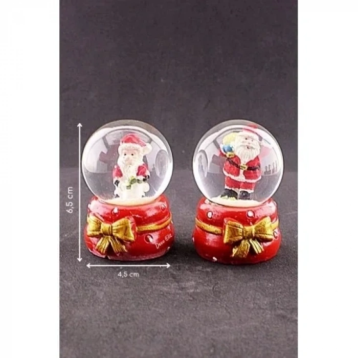 2 Adet Yeni Yıl Noel Baba Temalı Kurdele Detaylı Mini Boy Işıklı Kar Küresi 6,5 cm B