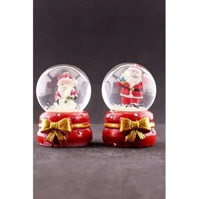 2 Adet Yeni Yıl  Noel Temalı Kurdele Detaylı Mini Boy Işıklı Kar Küresi 6,5 cm