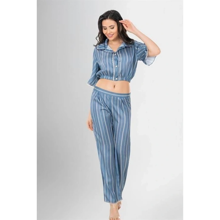 2li Desenli Saten Pijama Takımı