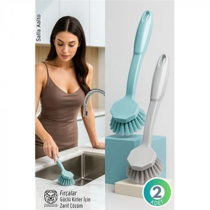 2li Mutfak Lavabo ve Tencere Fırçası Seti - Çizmez Kıl Yapılı Ergonomik Bulaşık Yıkama Fırçası