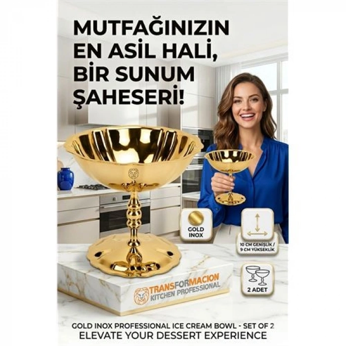 2li Profesyonel İnox Gold Paslanmaz Çelik Ayaklı Dondurma ve Tatlı Sunum Kasesi Seti 723149