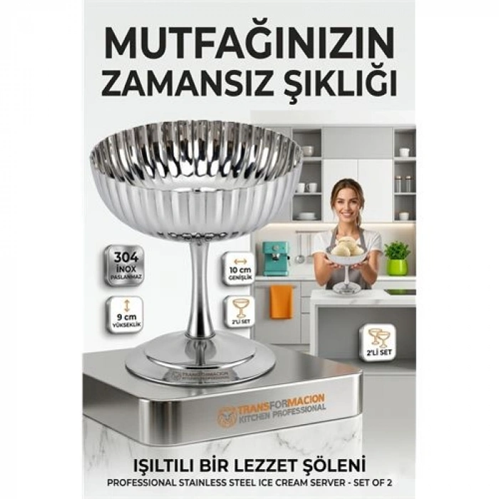 2li Profesyonel İnox Gümüş Paslanmaz Çelik Ayaklı Dondurma ve Tatlı Sunum Kasesi Seti 723148