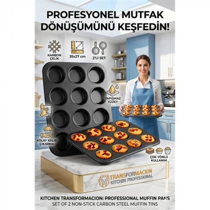 2li Set 12li Muffin Kalıbı | Karbon Çelik Yanmaz Yapışmaz Cupcake & Kek Pişirme Tepsisi 723122