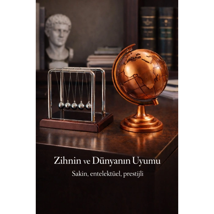 2li Set Bronz Metal Dünya Küresi ve Küçük Denge Topu – Masaüstü Süs Ofis ve Ev Dekoru Hediyesi