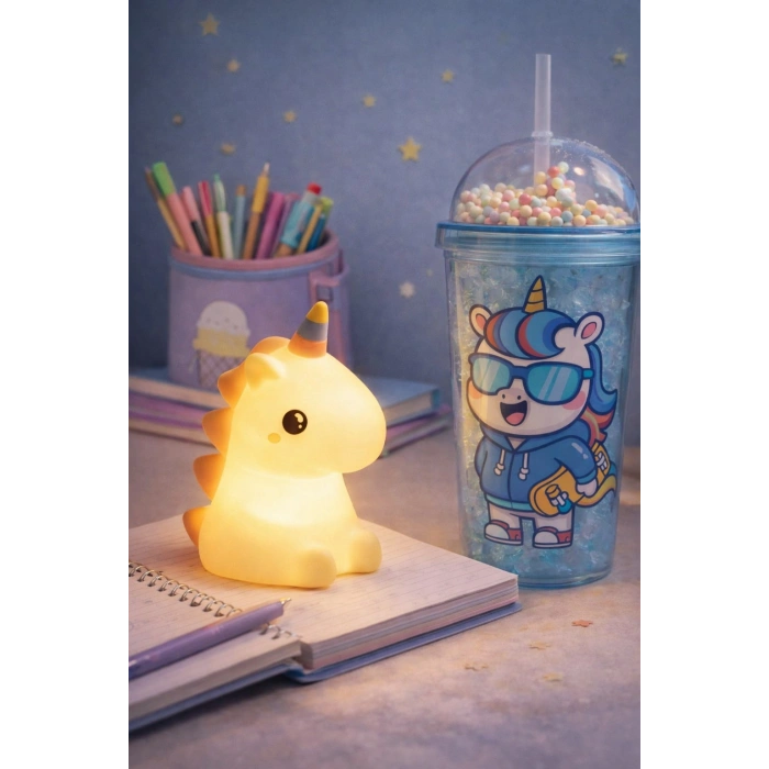 2li Set RGB Led Unicorn Gece Lambası Yumuşak Silikon – Mavi Unicorn Tema 450 ml Çift Katman Suluk