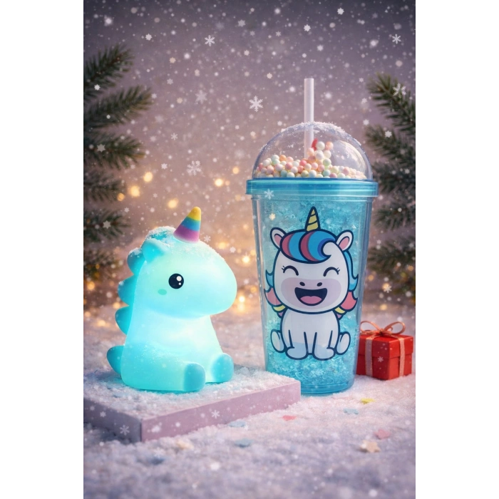 2li Set RGB Led Unicorn Gece Lambası Yumuşak Silikon – Mavi Unicorn Tema 450 ml Çift Katman Suluk