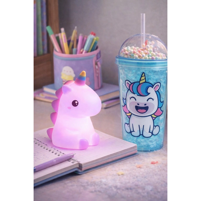2li Set RGB Led Unicorn Gece Lambası Yumuşak Silikon – Mavi Unicorn Tema 450 ml Çift Katman Suluk