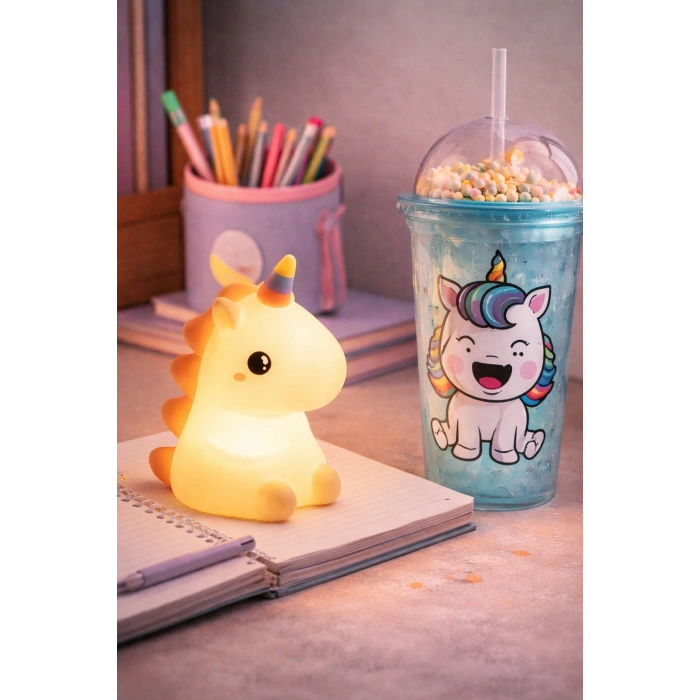 2li Set RGB Led Unicorn Gece Lambası Yumuşak Silikon – Mavi Unicorn Tema 450 ml Çift Katman Suluk
