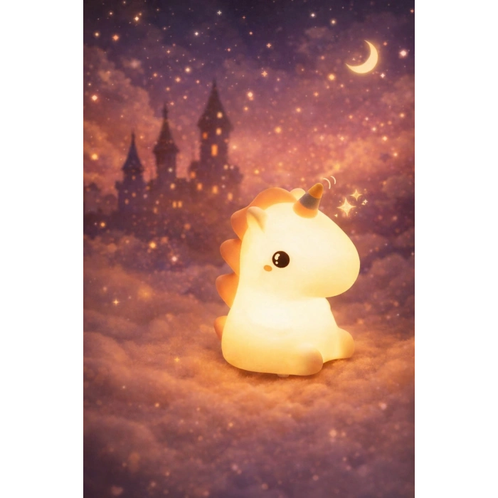 2li Set RGB Led Unicorn Gece Lambası Yumuşak Silikon – Mavi Unicorn Tema 450 ml Çift Katman Suluk