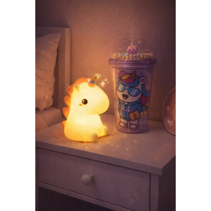 2li Set RGB Led Unicorn Gece Lambası Yumuşak Silikon – Mor Unicorn Tema 450 ml Çift Katman Suluk
