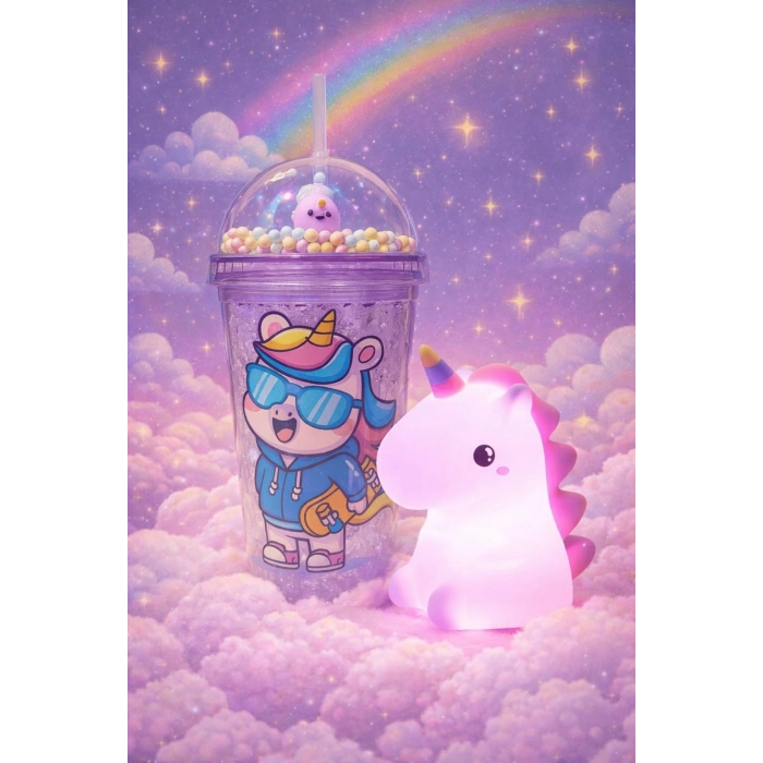 2li Set RGB Led Unicorn Gece Lambası Yumuşak Silikon – Mor Unicorn Tema 450 ml Çift Katman Suluk