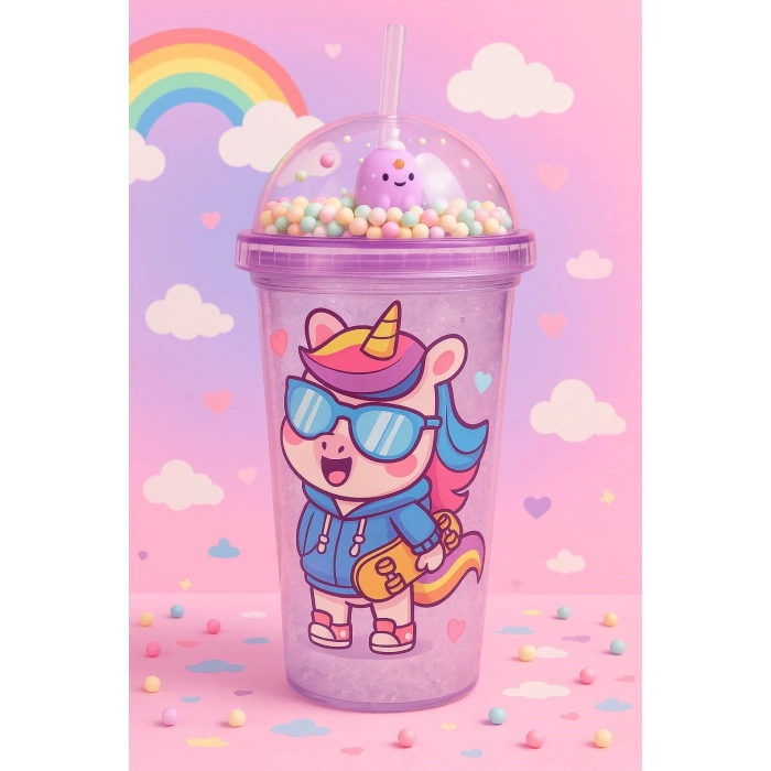 2li Set RGB Led Unicorn Gece Lambası Yumuşak Silikon – Mor Unicorn Tema 450 ml Çift Katman Suluk