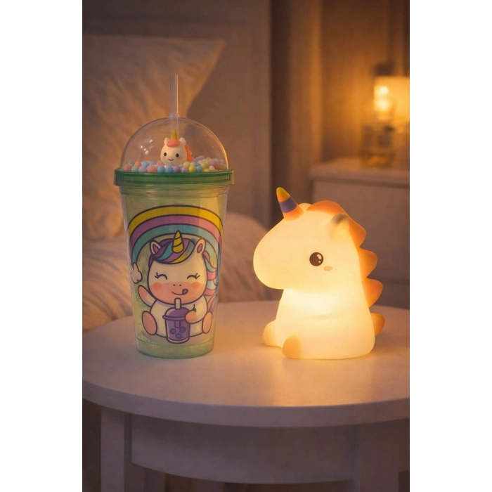 2li Set RGB Led Unicorn Gece Lambası Yumuşak Silikon – Yeşil Unicorn Tema 450 ml Çift Katman Suluk