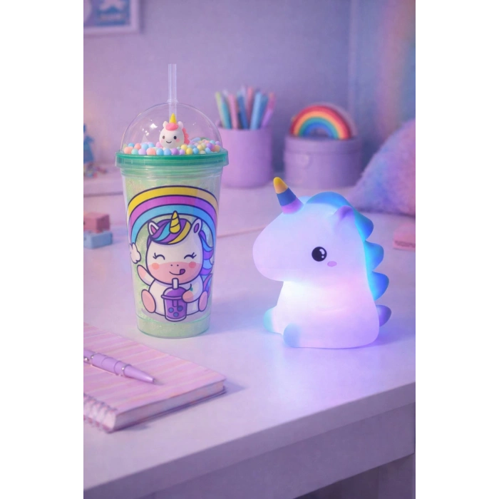 2li Set RGB Led Unicorn Gece Lambası Yumuşak Silikon – Yeşil Unicorn Tema 450 ml Çift Katman Suluk