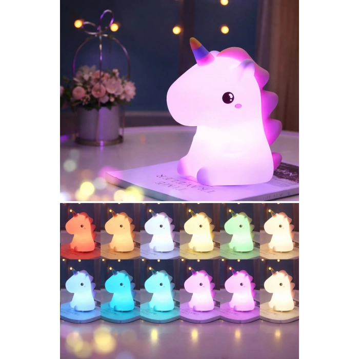 2li Set RGB Led Unicorn Gece Lambası Yumuşak Silikon – Yeşil Unicorn Tema 450 ml Çift Katman Suluk