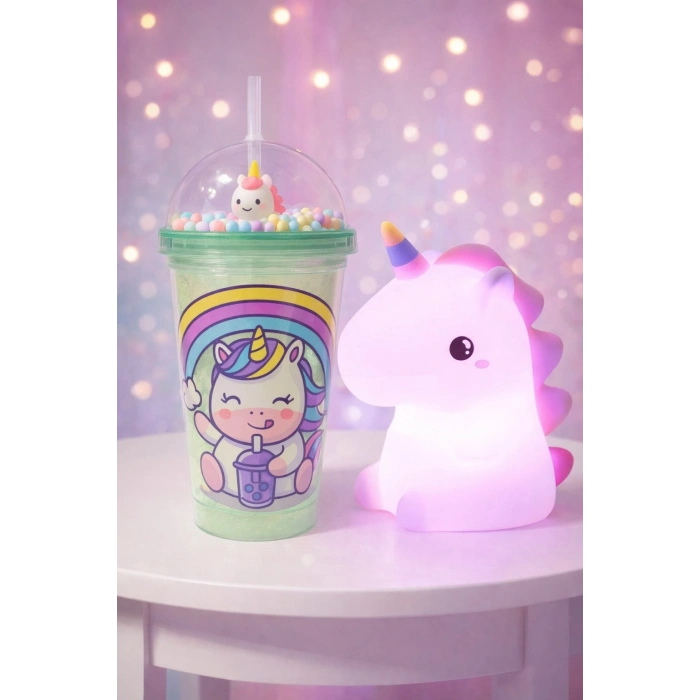 2li Set RGB Led Unicorn Gece Lambası Yumuşak Silikon – Yeşil Unicorn Tema 450 ml Çift Katman Suluk