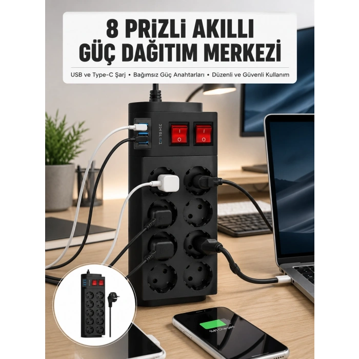 2 Metre Güçlü Çoklu Priz 8 Soket Yeni Nesil