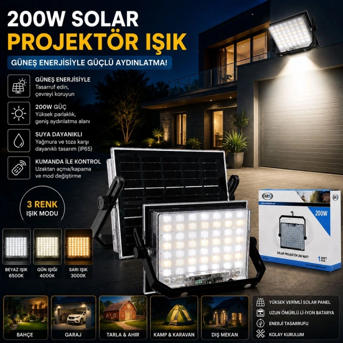 200W Güneş Enerjili LED Projektör - Kamp & Dış Mekan