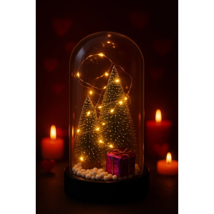Yeni Yıl Hediye Led Işıklı Fanus İçinde 2 Çam Ağacı ve Hediye Temalı Noel Yılbaşı Gece Lambası