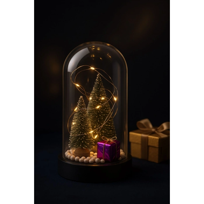 Yeni Yıl Hediye Led Işıklı Fanus İçinde 2 Çam Ağacı ve Hediye Temalı Noel Yılbaşı Gece Lambası