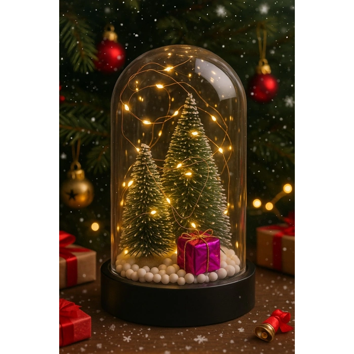 Yeni Yıl Hediye Led Işıklı Fanus İçinde 2 Çam Ağacı ve Hediye Temalı Noel Yılbaşı Gece Lambası