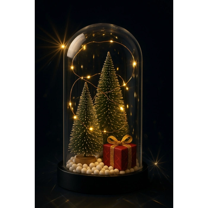 Yeni Yıl Hediye Led Işıklı Fanus İçinde 2 Çam Ağacı ve Hediye Temalı Noel Yılbaşı Gece Lambası
