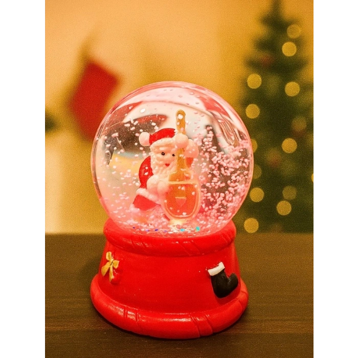 Yılbaşı Temalı LED Işıklı Çello Çalan Noel Baba Kar Küresi 9 cm Orta Boy Yeni Yıl Süsü - 48