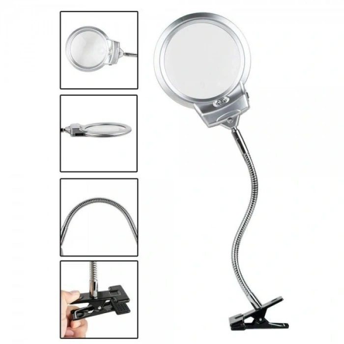 2.5 X 130 MM 5X24 MM LED Aydınlatmalı Büyüteç Masa üstü Metal Hortum Mandallı MG15124-C