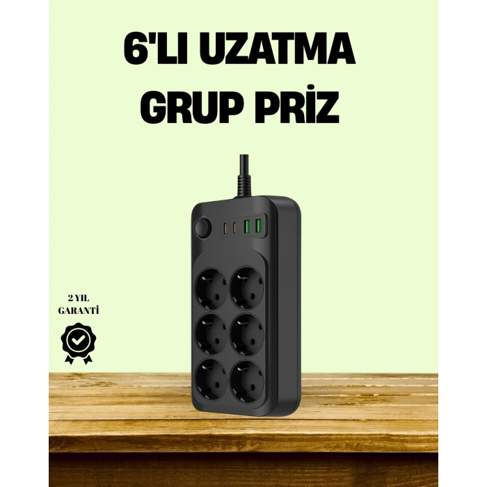 2500W Güçlü 6’lı Priz USB ve Type-C Çıkışlı Termal Korumalı