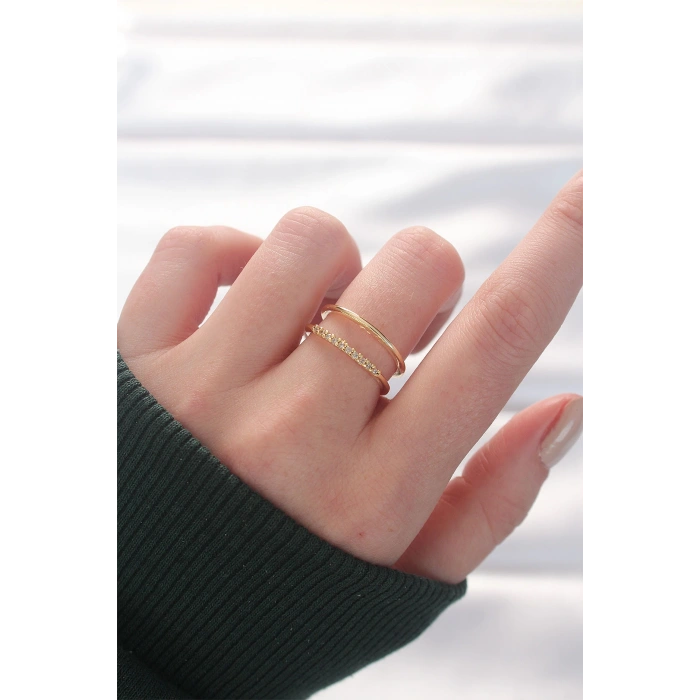 2li Görünümlü Su Yolu Tasarımlı Gold Renk Ayarlanabilir Yüzük - TJ-BYK3136