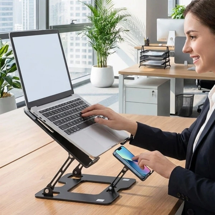 2’si 1 Arada Laptop ve Telefon Standı – AlüMetal Ayarlanabilir,Katlanabilir,Ergonomik Yükseltici (4887)