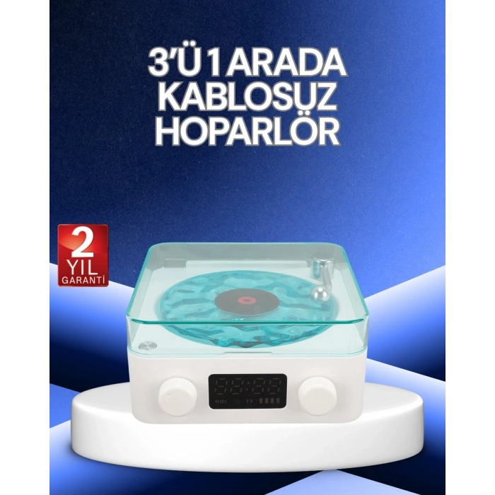 3-1 Kablosuz Bluetooth Hoparlör – Gece Lambalı Saatli Retro Tasarım