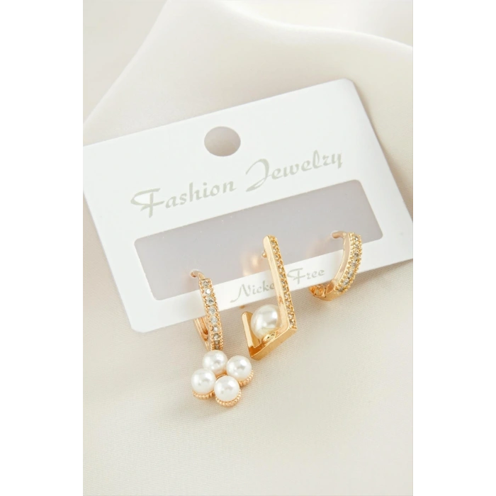 3 Adet Çiçek İnci Zirkon Taşlı Küpe