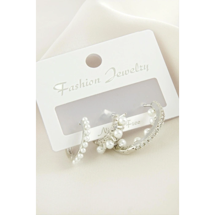 3 Adet Çivi İnci Zirkon Taşlı Küpe