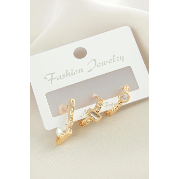 3 Adet Dikdörtgen İnci Zirkon Taşlı Küpe