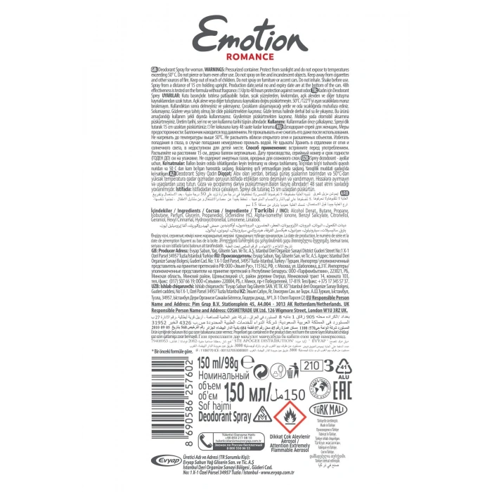 3 Adet Emotion Romance Kadın Vegan Deodorant 150 Ml Hızlı Kurur, Leke Bırakmaz
