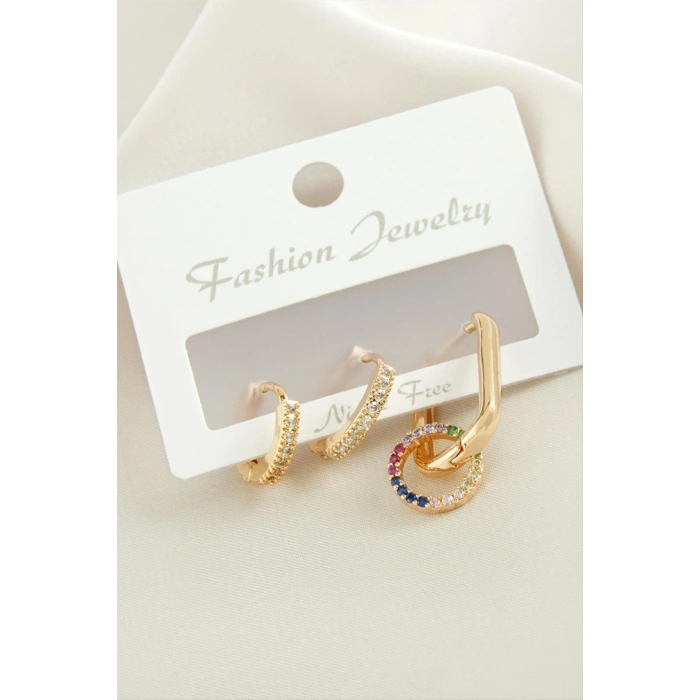 3 Adet Halka Zirkon Taşlı Küpe