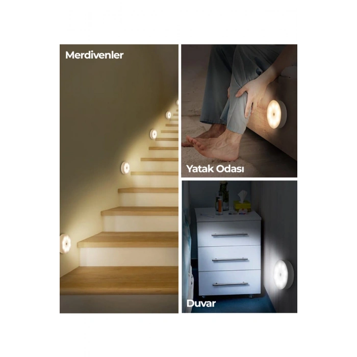 3 Adet Hareket Sensörlü Beyaz Işık Led Gece Lambası – Kablosuz 8 Ledli | Merdiven, Koridor