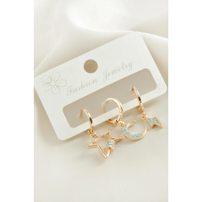 3 Adet Hilal Yıldız Zirkon Taşlı Küpe