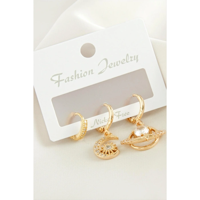 3 Adet Hilal Yıldız Zirkon Taşlı Küpe