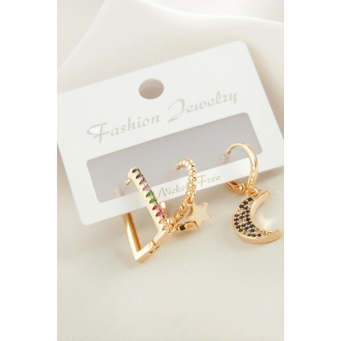 3 Adet Hilal Zirkon Taşlı Küpe