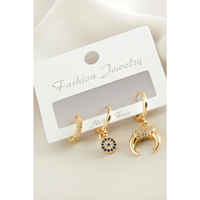 3 Adet Hilal Zirkon Taşlı Küpe